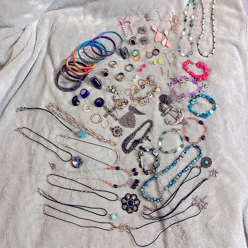 65 piece Craft lot handmade & store bought necklaces/chokers/rings/bracelets